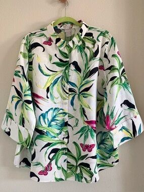 CHICO’S 100% Linen Tropical 3/4 Sleeve Button Down Shirt | Size 4 (Women’s 20)